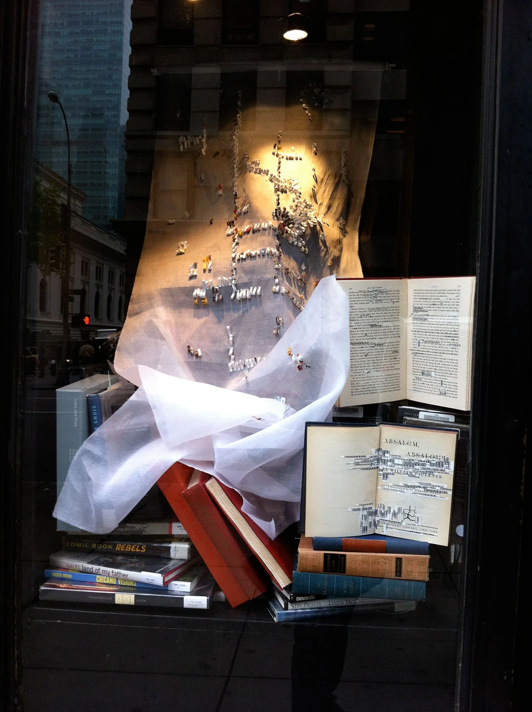Shredded: Off the Grid, panel 1, installation view at the Manhattan Midown Public Library windows..