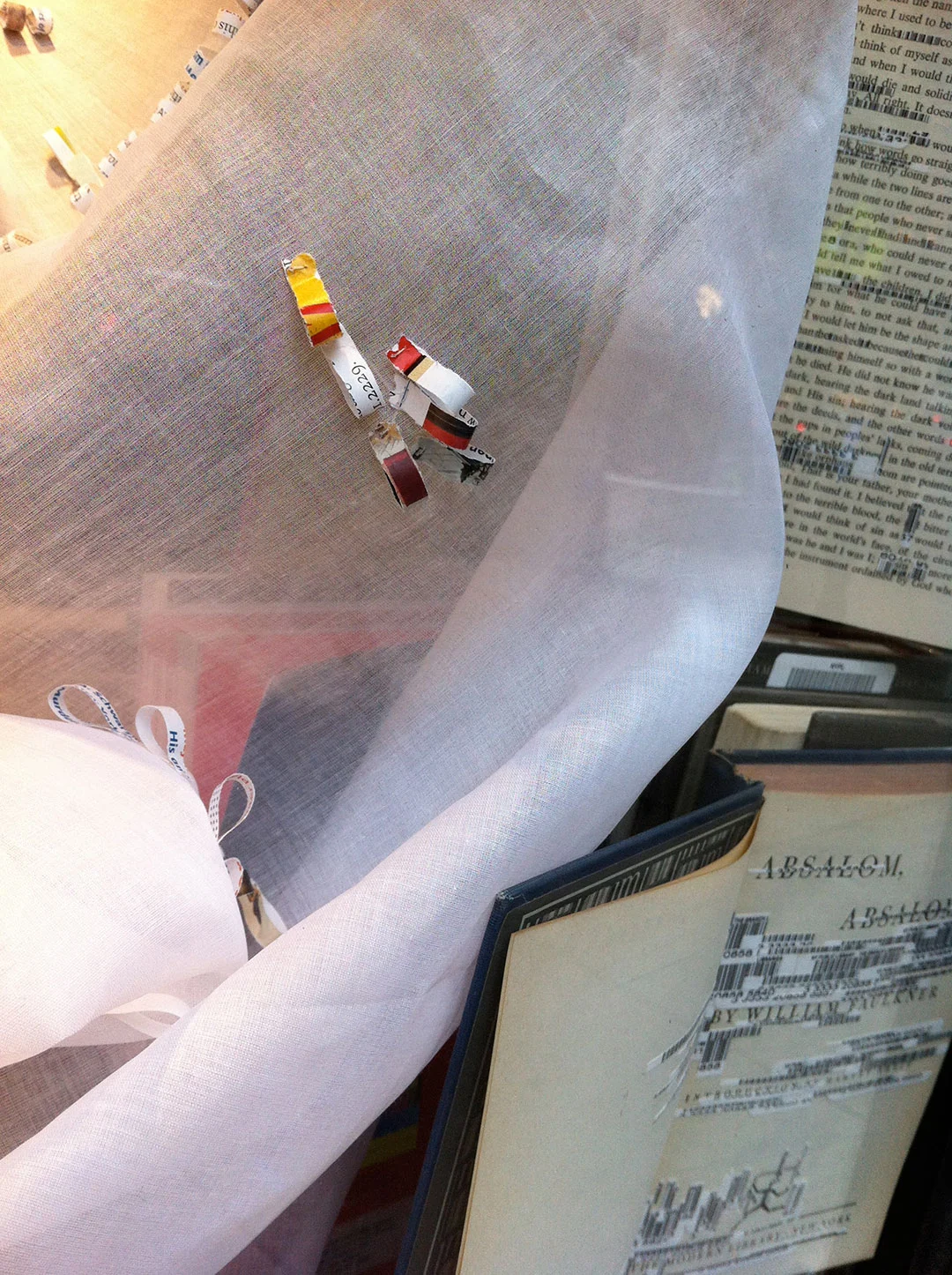 Shredded: Off the Grid, panel 2, installation view at the Manhattan Midown Public Library windows..