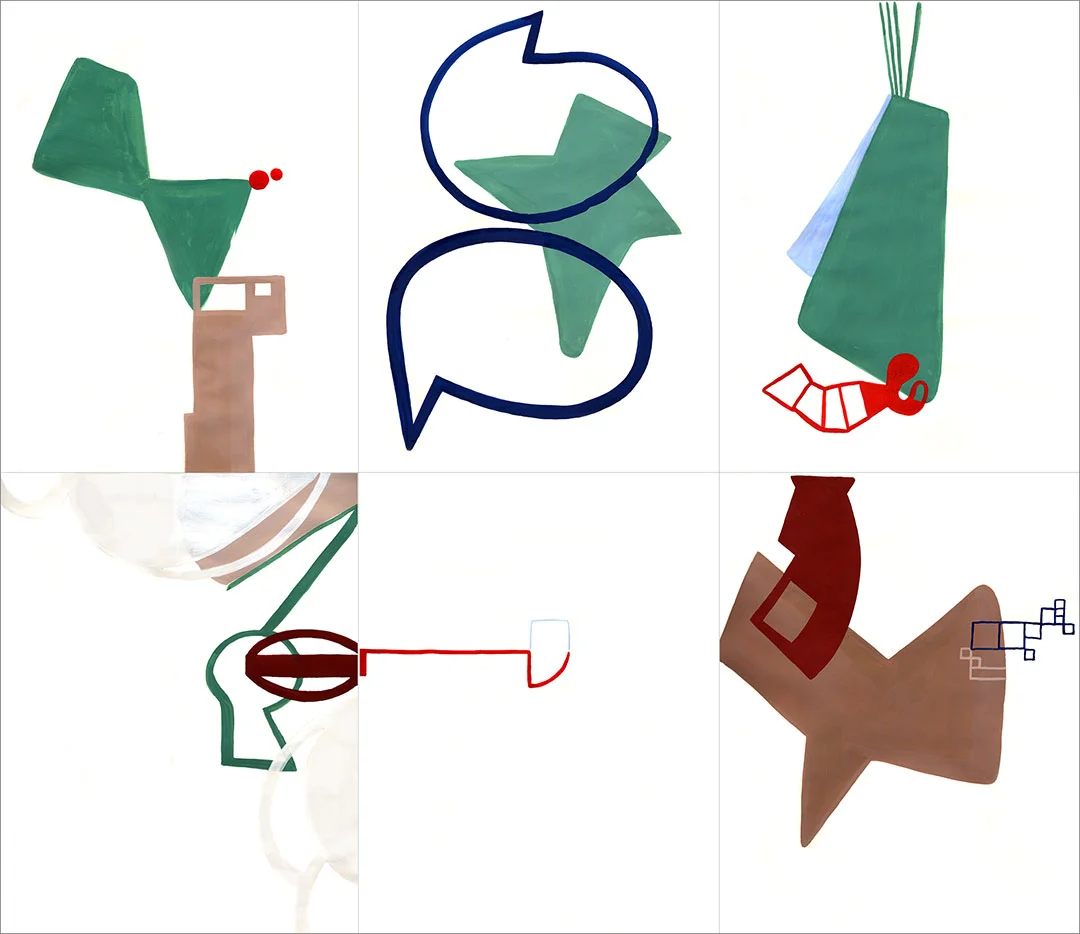 Talkative (x6) 8, 2005. Gouache on paper, 6 sheets W9" x H12" each, overall size W27" x H24".