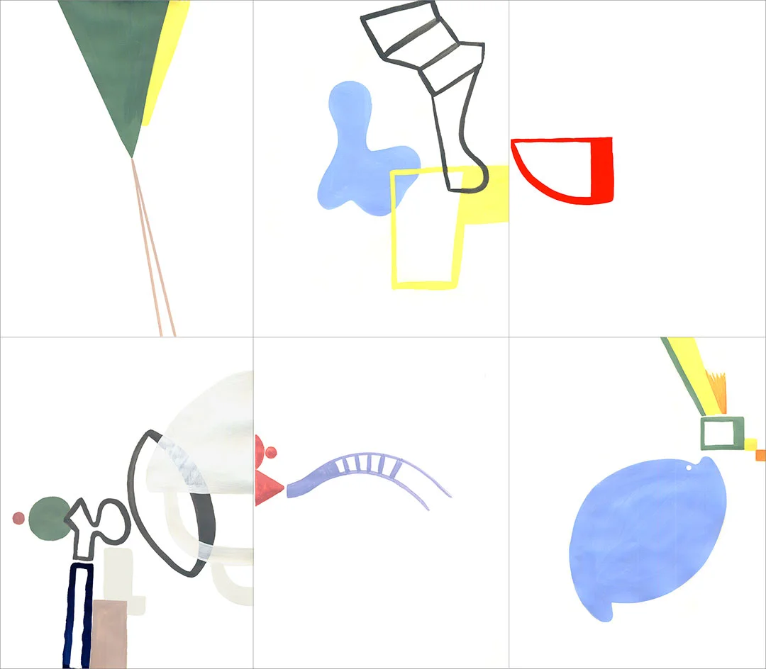 Talkative (x6) 9, 2005. Gouache on paper, 6 sheets W9" x H12" each, overall size W27" x H24".