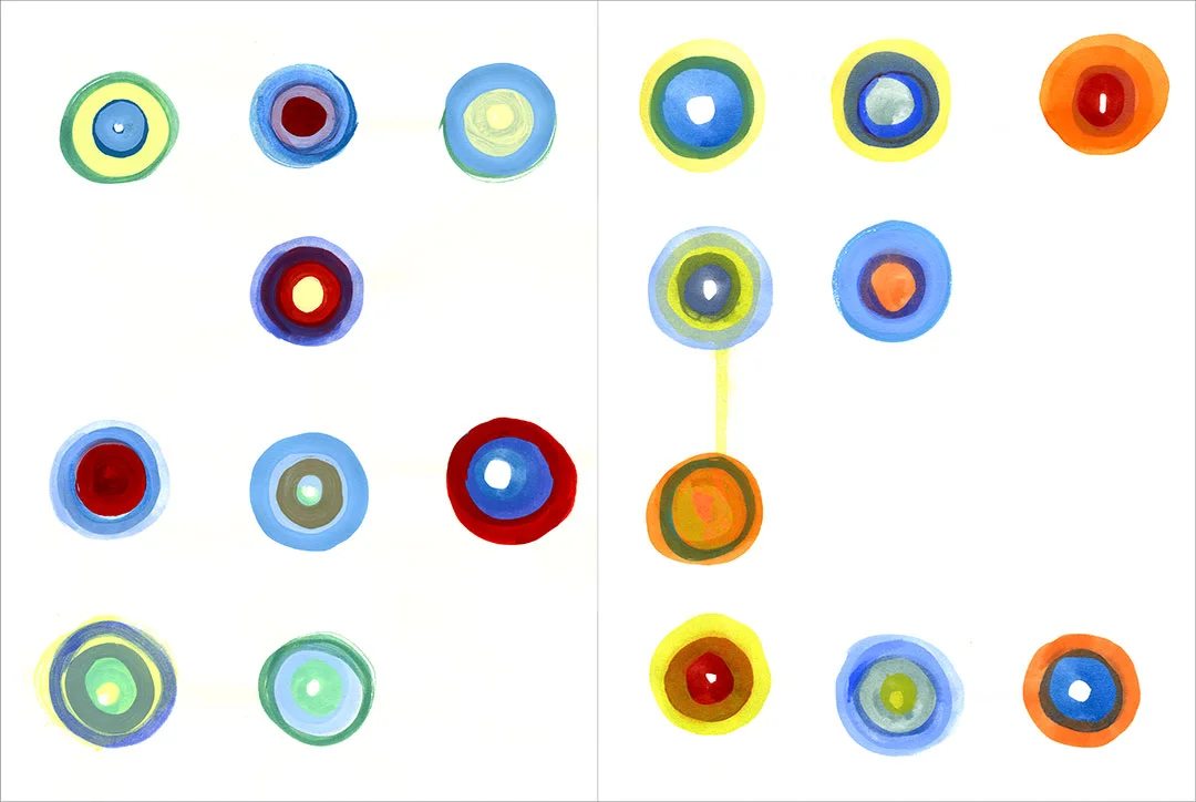 Talkative Dots (x2) 2, 2004. Gouache on paper, two sheets W9" x H12" each, side by side.