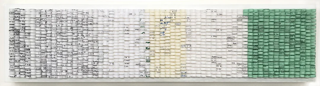 Shredded: Timeline 8, 2016. W24" x H6" x D1.25". Paper collage on wood panel.