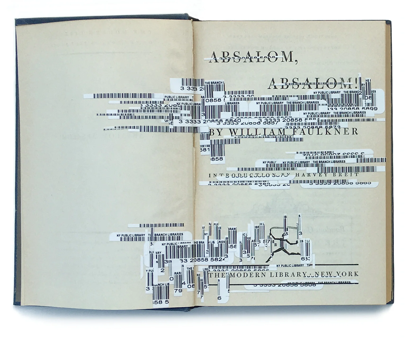 "Faulkner’s Interferences 1, Absalom, Absalom", 2012. Collage on vintage book 1951 edition, H7.25” x W9.75”. Collection of the Muzeul Literaturii Romane Bucharest, Romania.