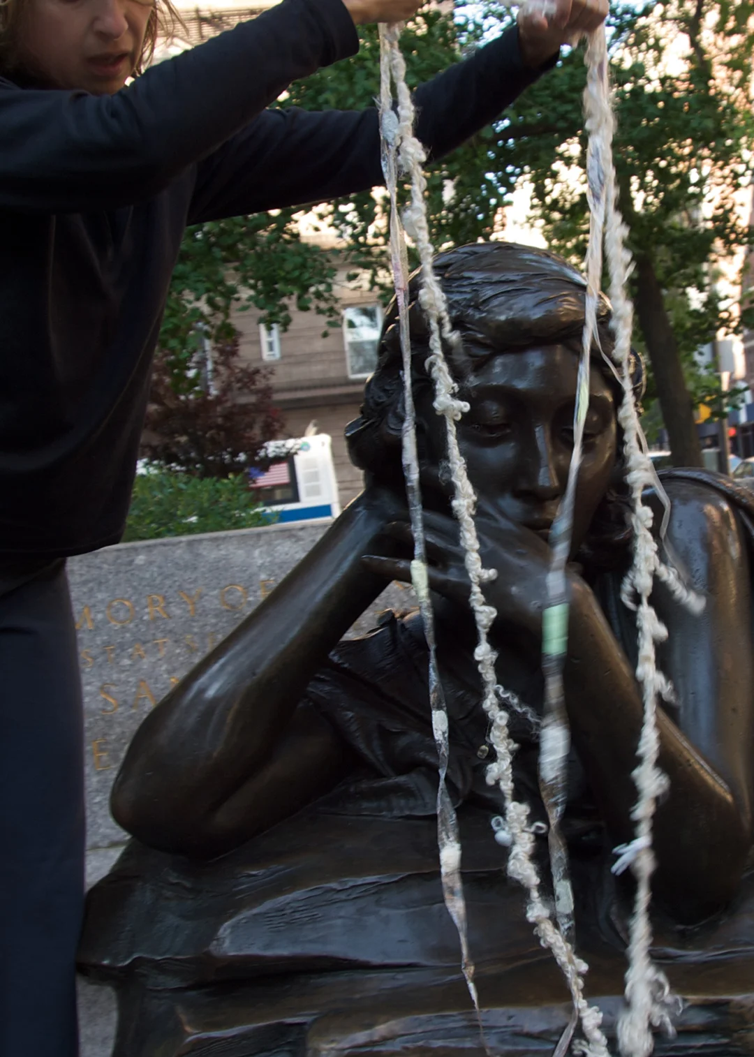 Mother’s thoughts, Me As A Goddess 1, 2008. Installation on Straus Monument by sculptor Augustus Luckeman and architect Evarts Tracy, in memory of Isodore and Ida Straus, at W106th St. NY.