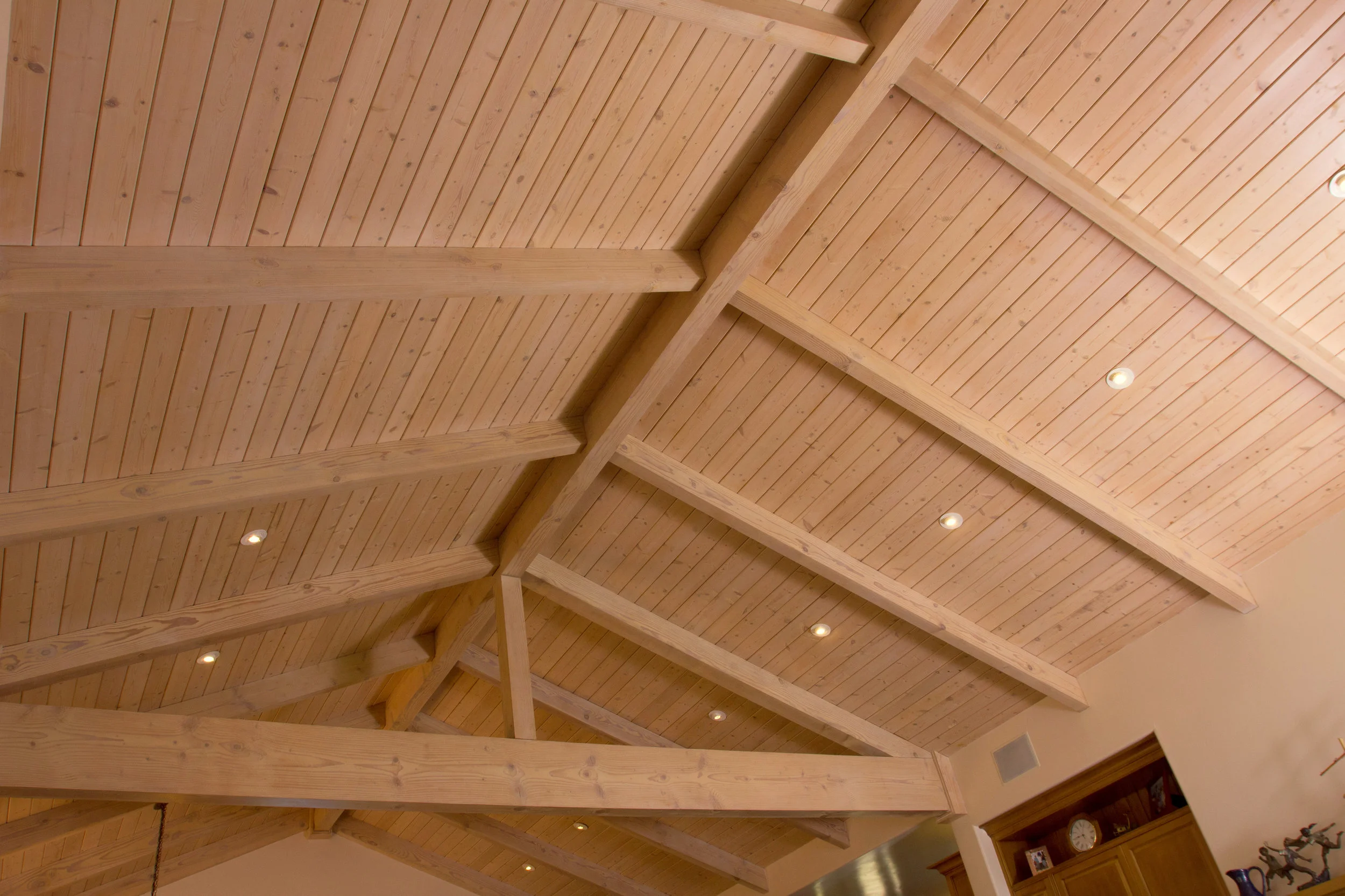 Santa Barbara living room, vaulted ceiling, tongue and groove pine, light natural stain