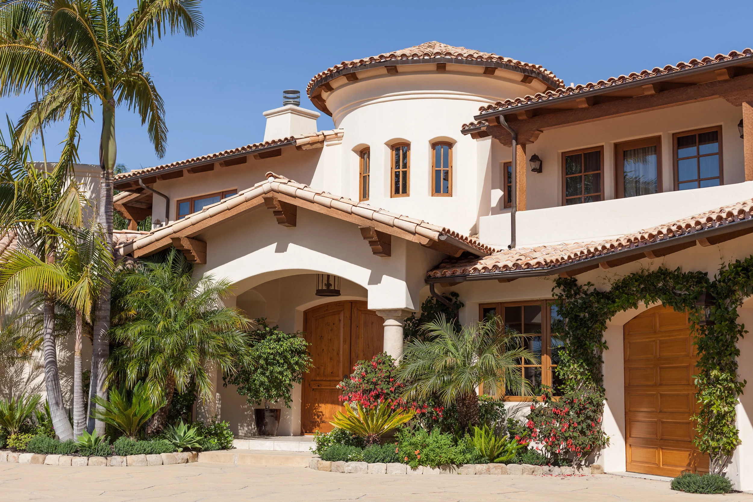 Exterior painting, Montecito residence, entryway, portico, turret, terra cotta tiles