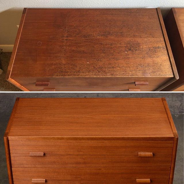 Before and After

This pair of teak dressers came in with black rust blooming in the grain of the wood and general fading and wear--even rougher than they look in the 'before' photos. Our restoration team did a great job removing the rust and resetti