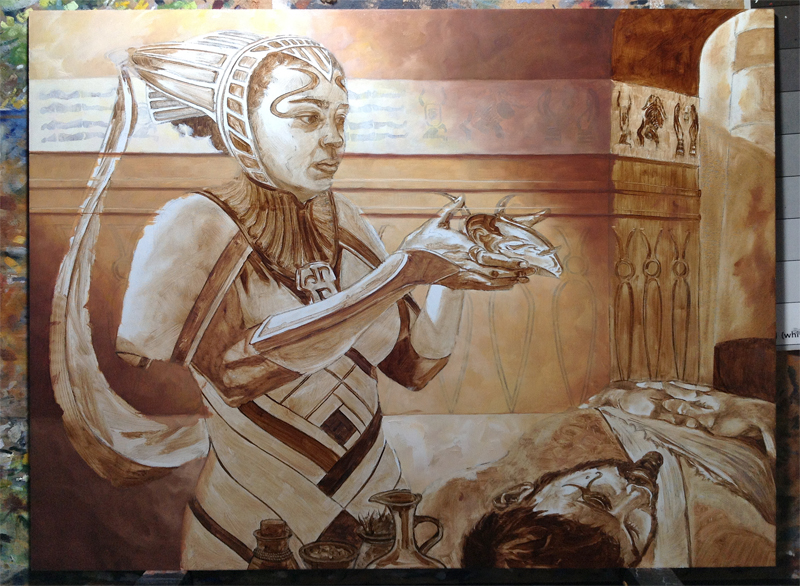 After transferring the drawing to my board, I applied a brown wash of color, then began with the final rendering, working mostly background-to-foreground