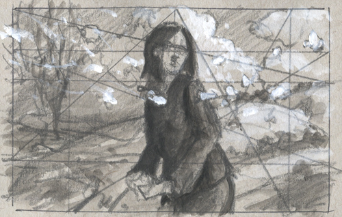 Thumbnail sketch, 4x2.5" pencil and acrylic