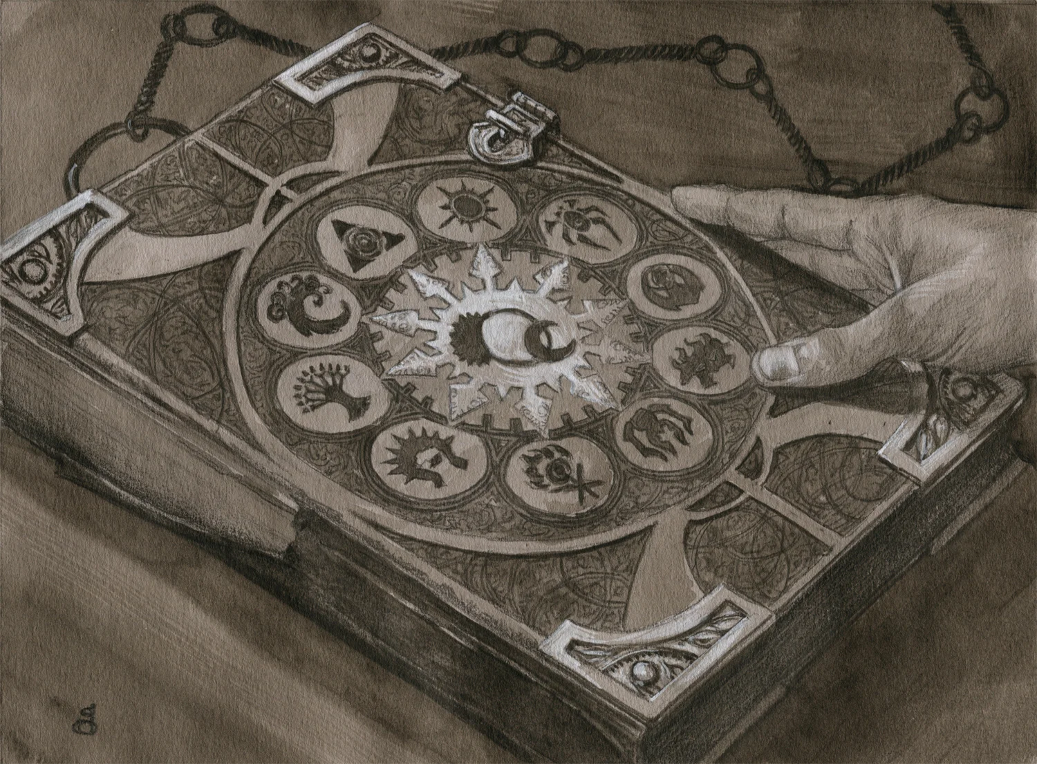 Tome of the Guildpact, preliminary study 6x8” acrylic and pencil on toned paper sold