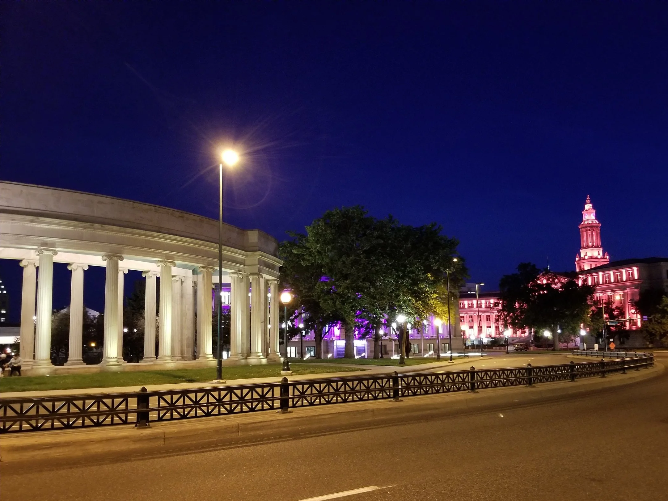 Beautiful Denver City Hall and Civic Center Park at night.