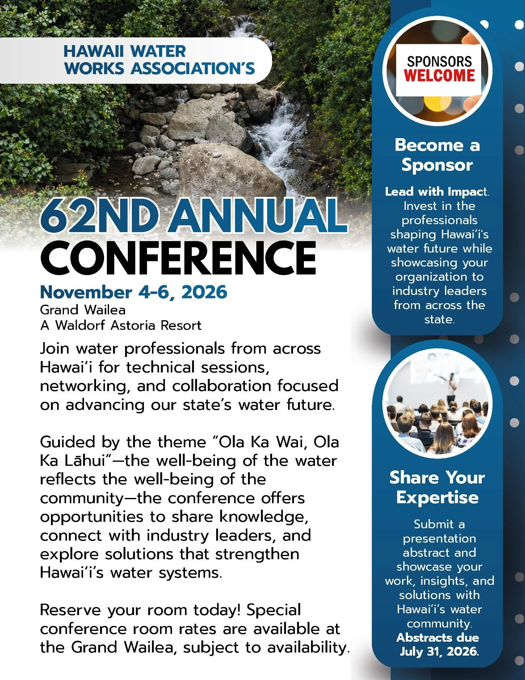 Flyer for the 62nd HWWA Annual Conference; Nov 4-6, 2026 at the Grand Wailea on Maui