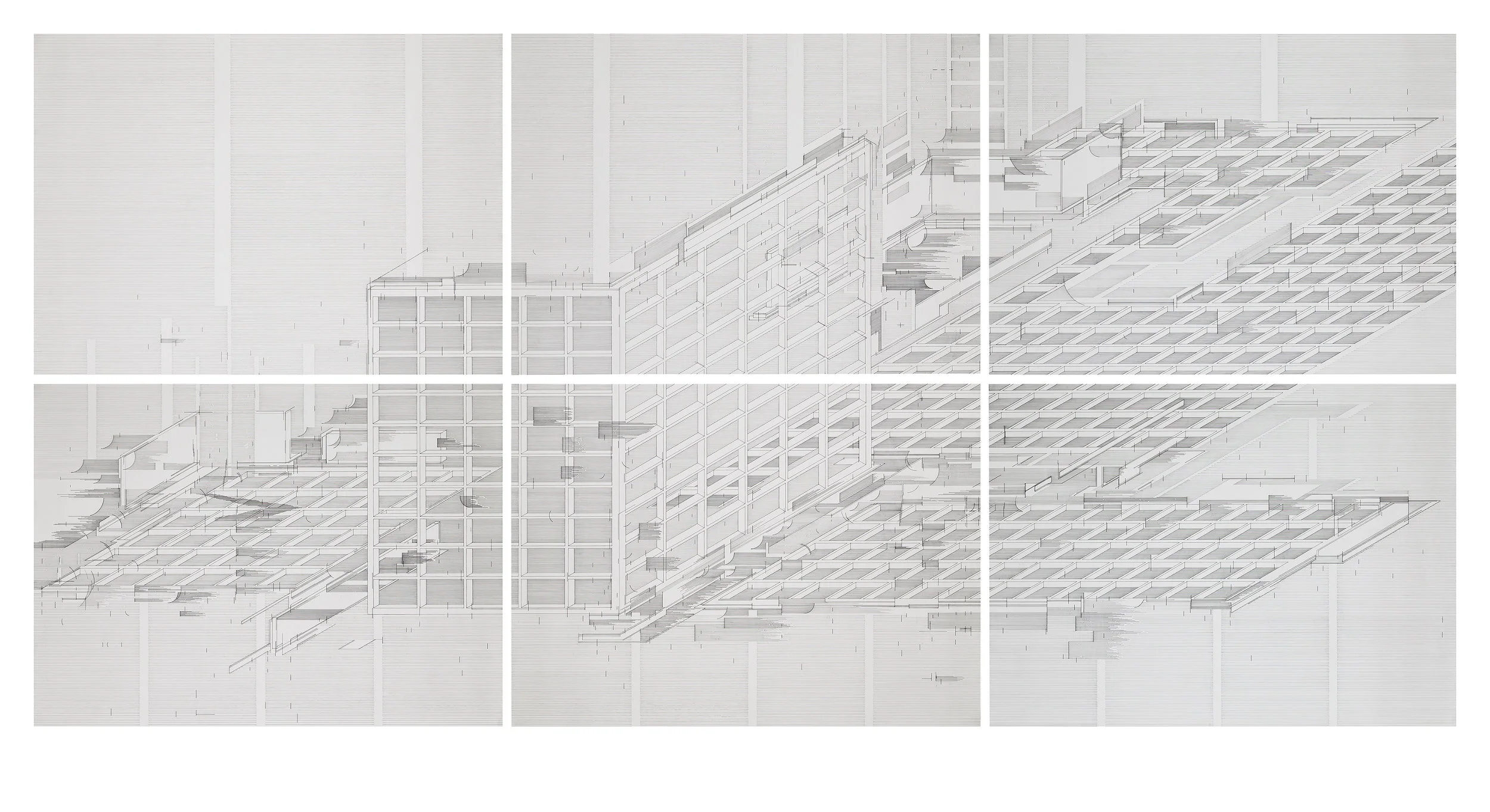 Seher Shah, Flatlands (corner) , 2016, 6-panel ink on paper, 31 x 43 in (79 x 109 cm) each panel, 62 x 129 in (157 x 327 cm) full dimension