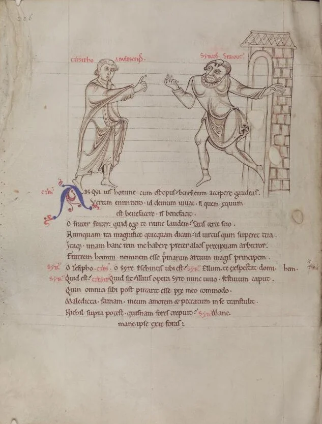Scene from Adelphoe with Ctesipho and Syrur from Terence's Comedies, in Latin, St Albans Abbey, mid 12th century.