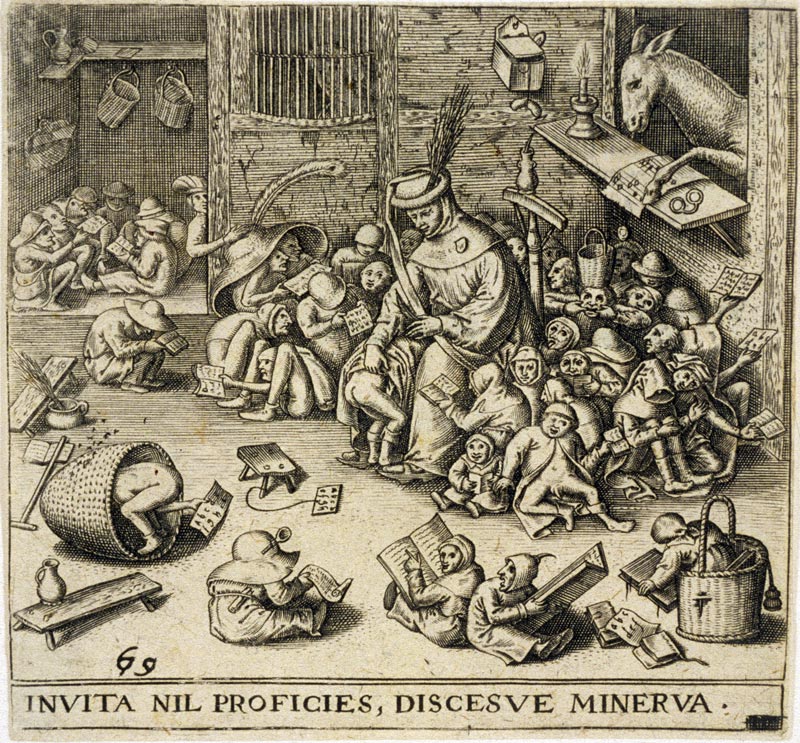 Engraving from 1569, made after Pieter Brueghel the elder's Drawing-ass in school - from 1556. (Can you spot the ass?)