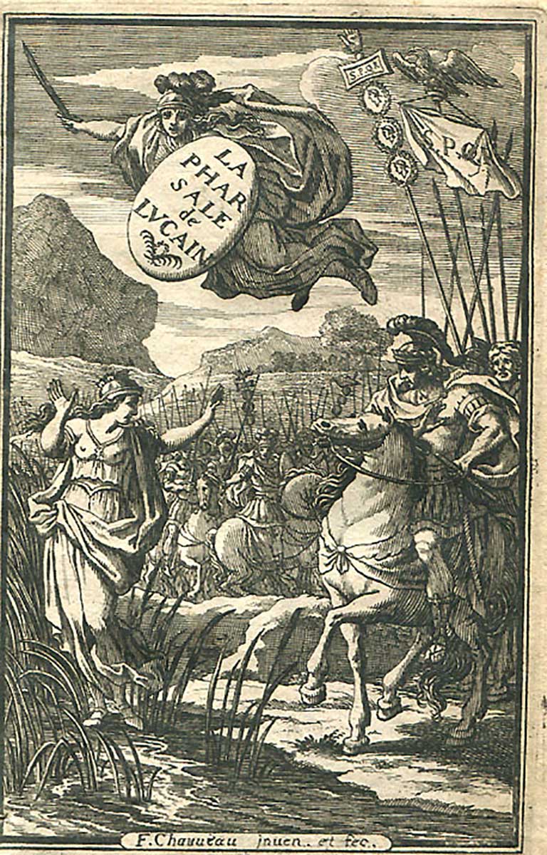 This is the title page of a french edition of Lucans Pharsalia from 1657 where Caesar's meeting with the personified Rome is depicted.