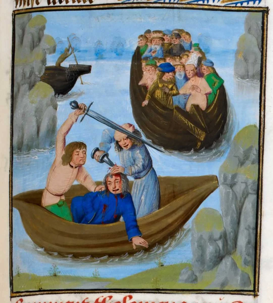 Detail of a miniature of the death of Pompey from f. 271 of La grant hystoire Cesar, e.t. Les faits des Romains , 1479.