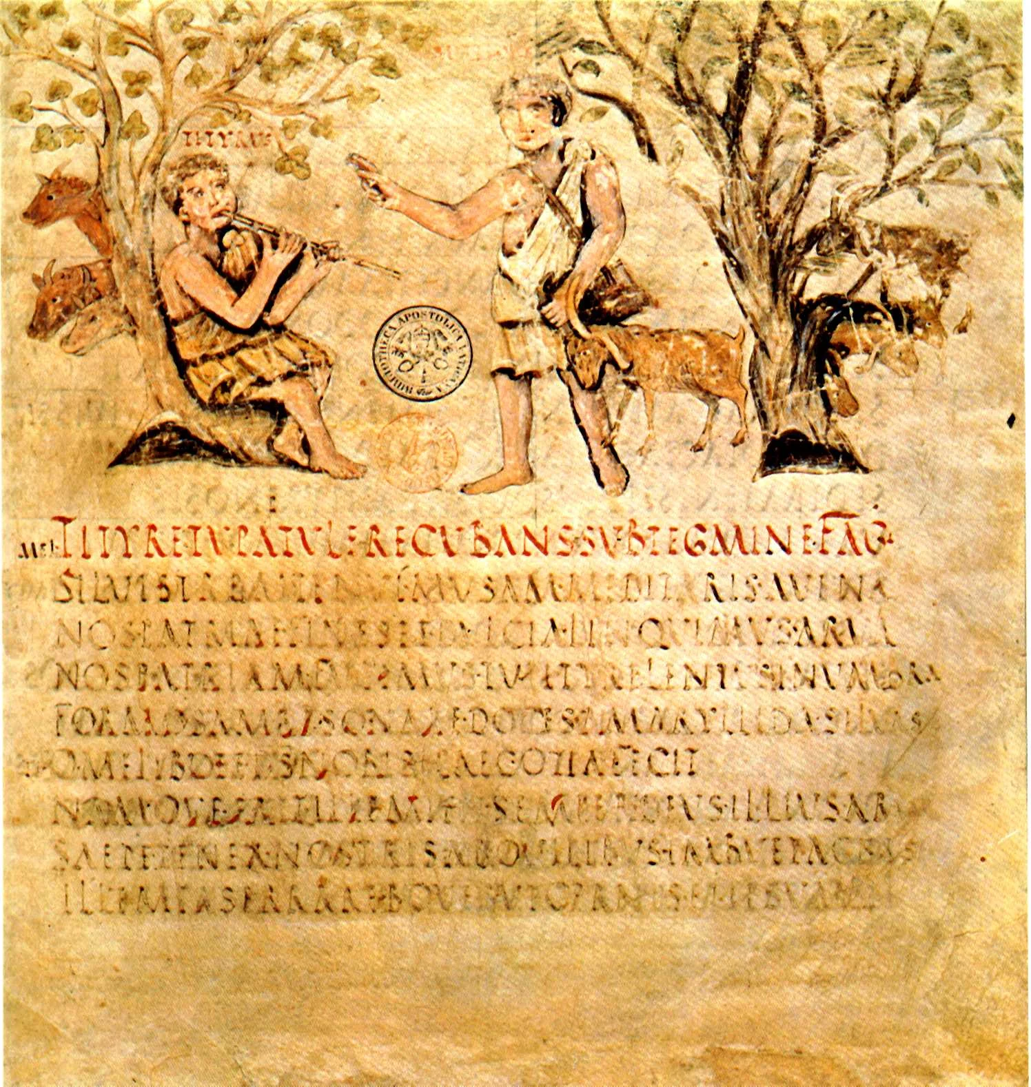 First lines of Eclogues, or Bucolica, from Vergilius Romanus - an illustrated manuscript from the 5th century. Biblioteca Apostolica, Cod. Vat. lat. 3867.