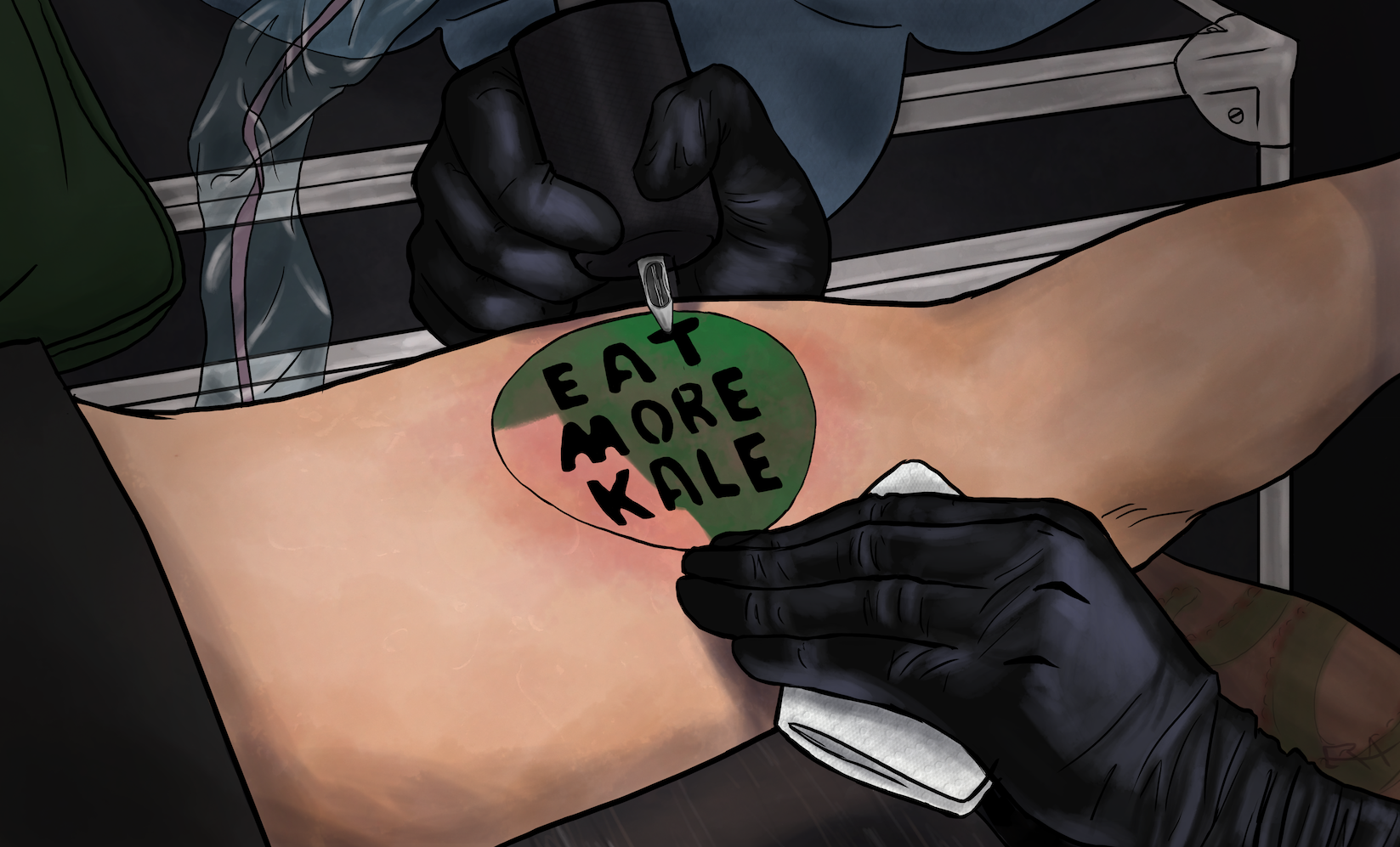 Bo Moore gets a tattoo of his Eat More Kale design. Illustration by Emily Rhain Andrews .