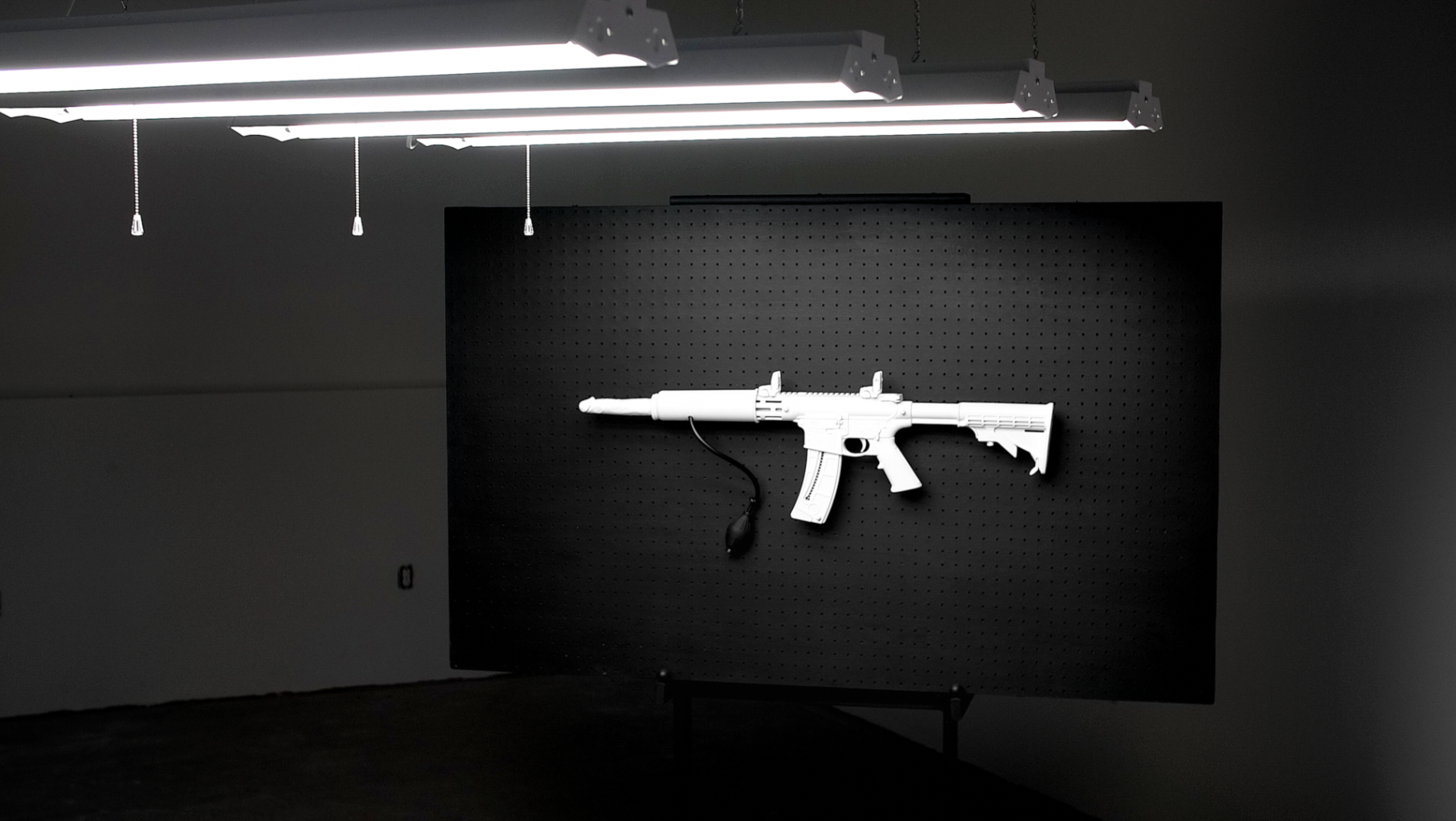 Materials: Smith & Wesson semi-automatic rifle, Lovehoney Slimline suction cup dildo, Classix Power Pump penis enlarger by Pipedream
