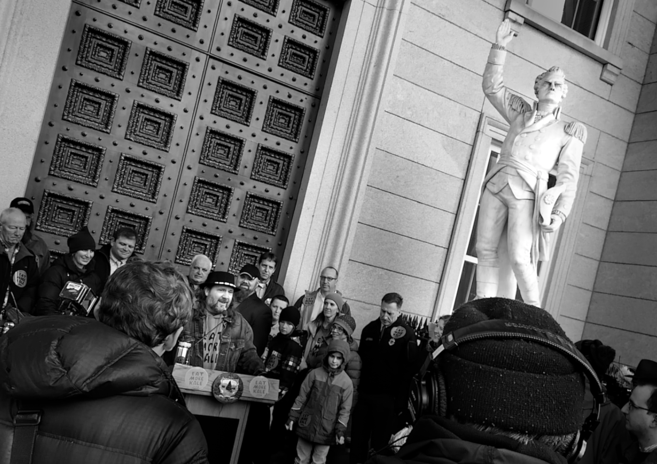 Bo Moore, Eat More Kale press conference Vermont statehouse, Dec 2014 (image from documentary footage)