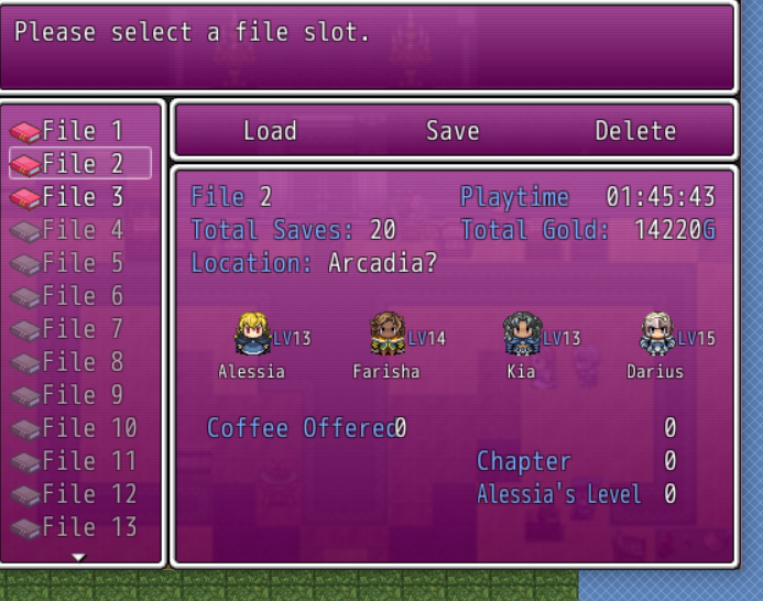 A screenshot of the save/load screen in development, taken in the midst of Chapter 2. Shows active party, play time, total gold, and other information.