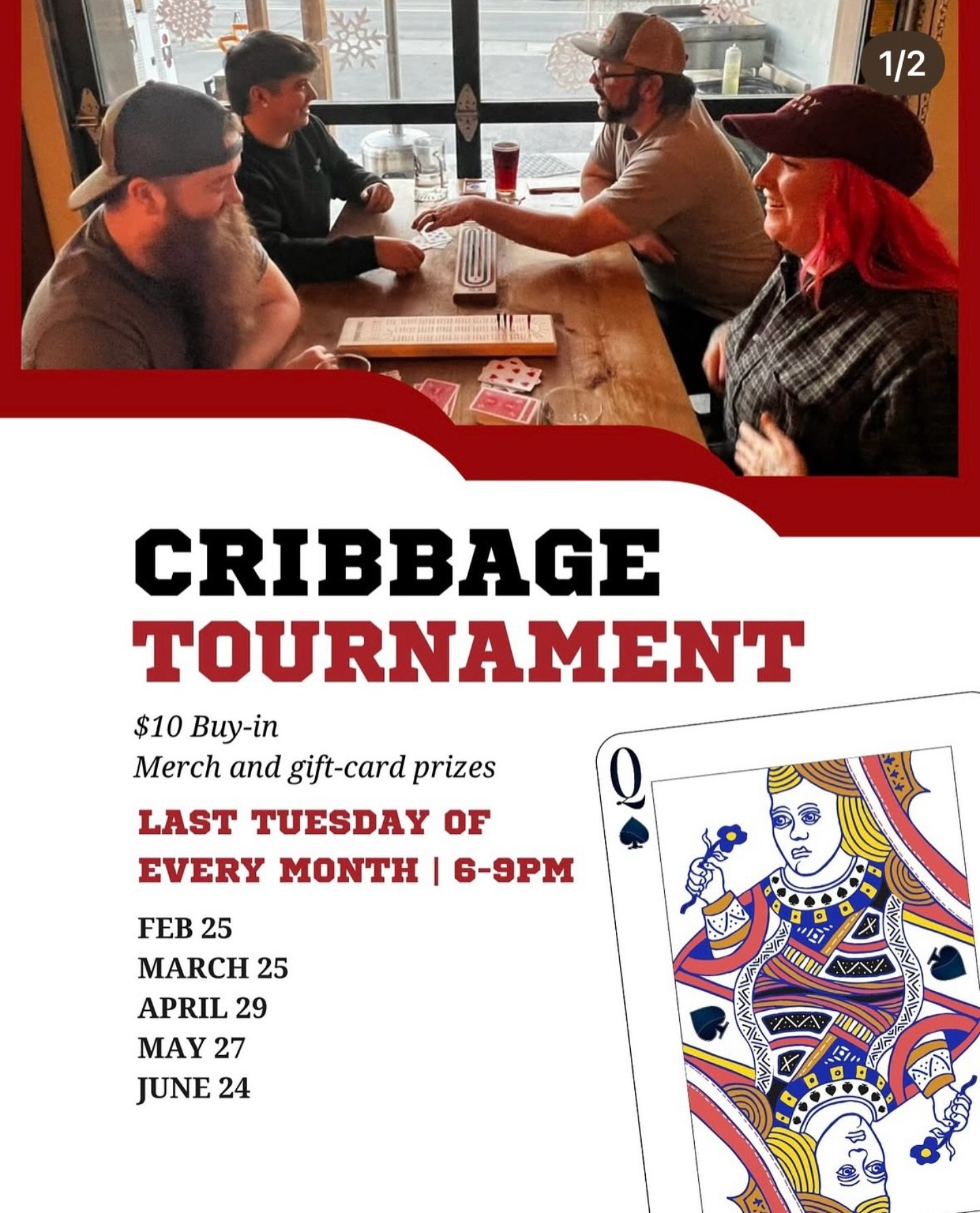 Tonight is the next cribbage tournament! There’s a $10 buy-in and that includes your first beer. There’s gift card/merch prizes for first, second, and third place! Winner gets their name immortalized on the crib wall of fame!
