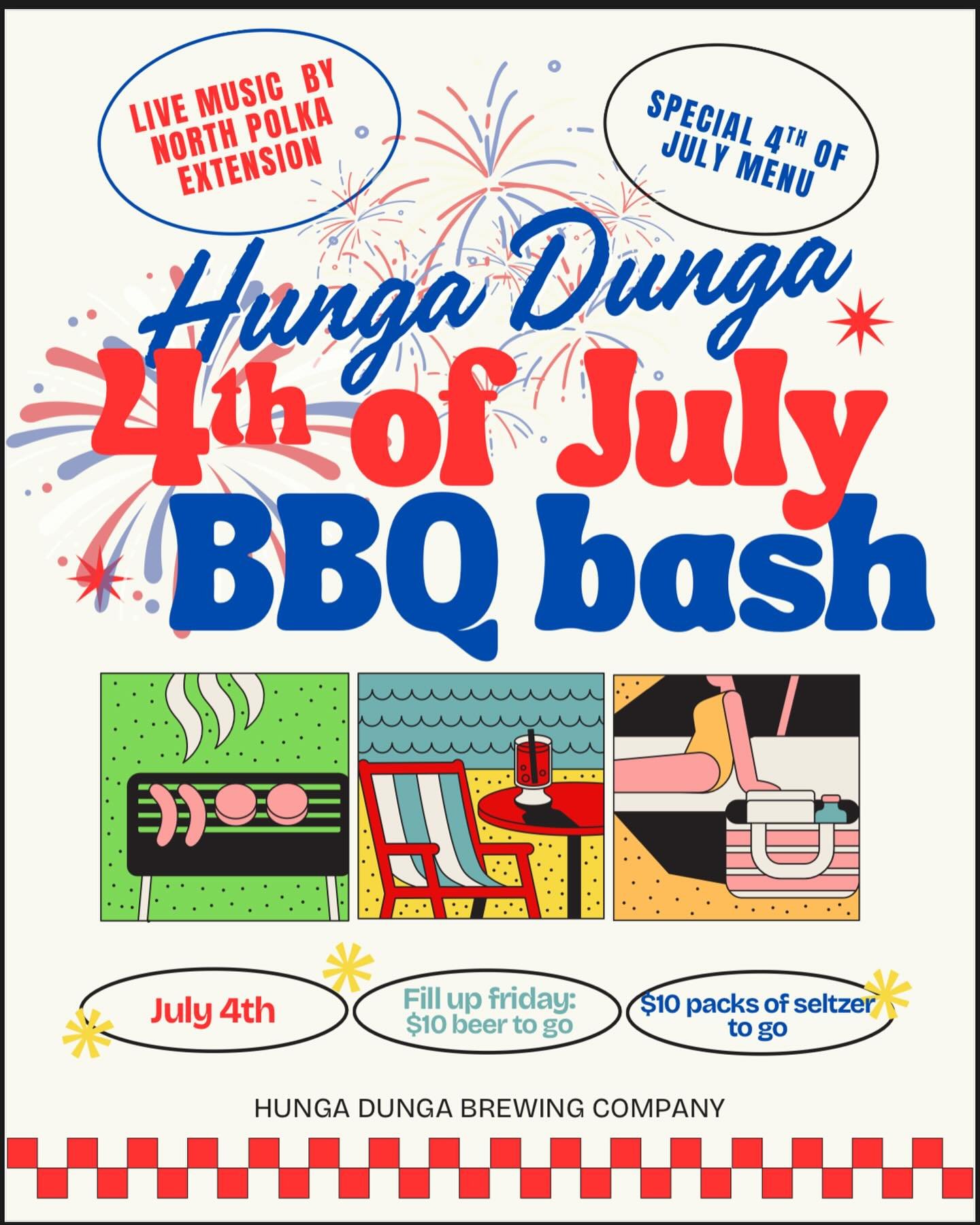 Happy 4th of July!! 🎆
Come join us for a BBQ and live music before your evening festivities start!
The North Polka Extension will be playing out on the patio starting at 6pm and we will be serving a special BBQ menu all day long, all ages welcome! C
