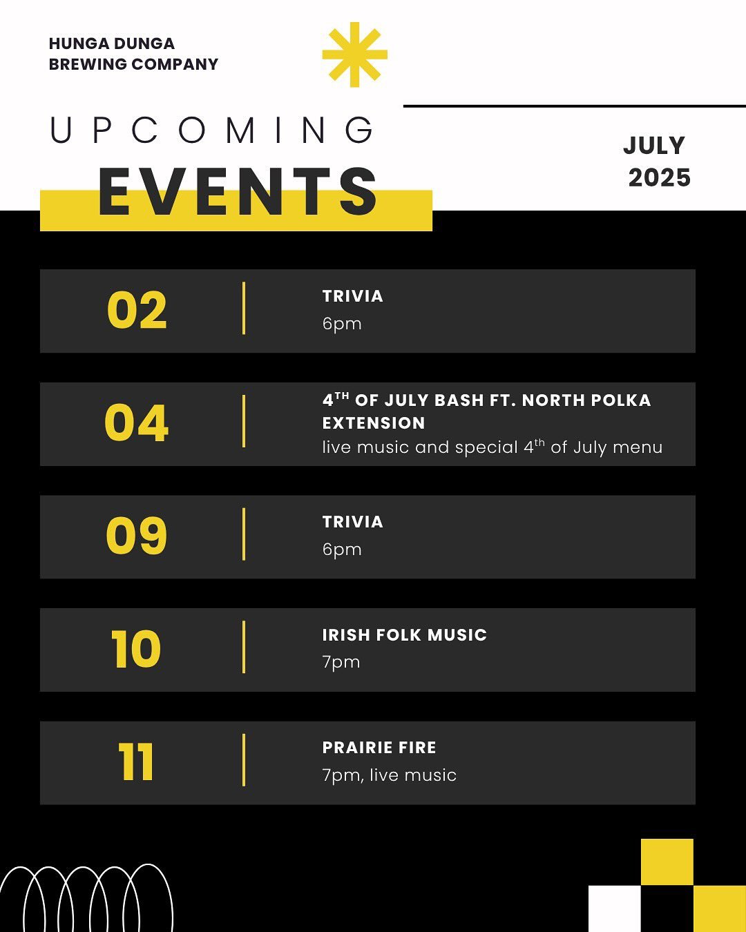 HI JULY!! 🎆✨🌭🍻
We have a jam packed July for ya’ll!! Live music performances, craft nights, games nights and more 😎🍻🤠🍻✨❤️💙🤍