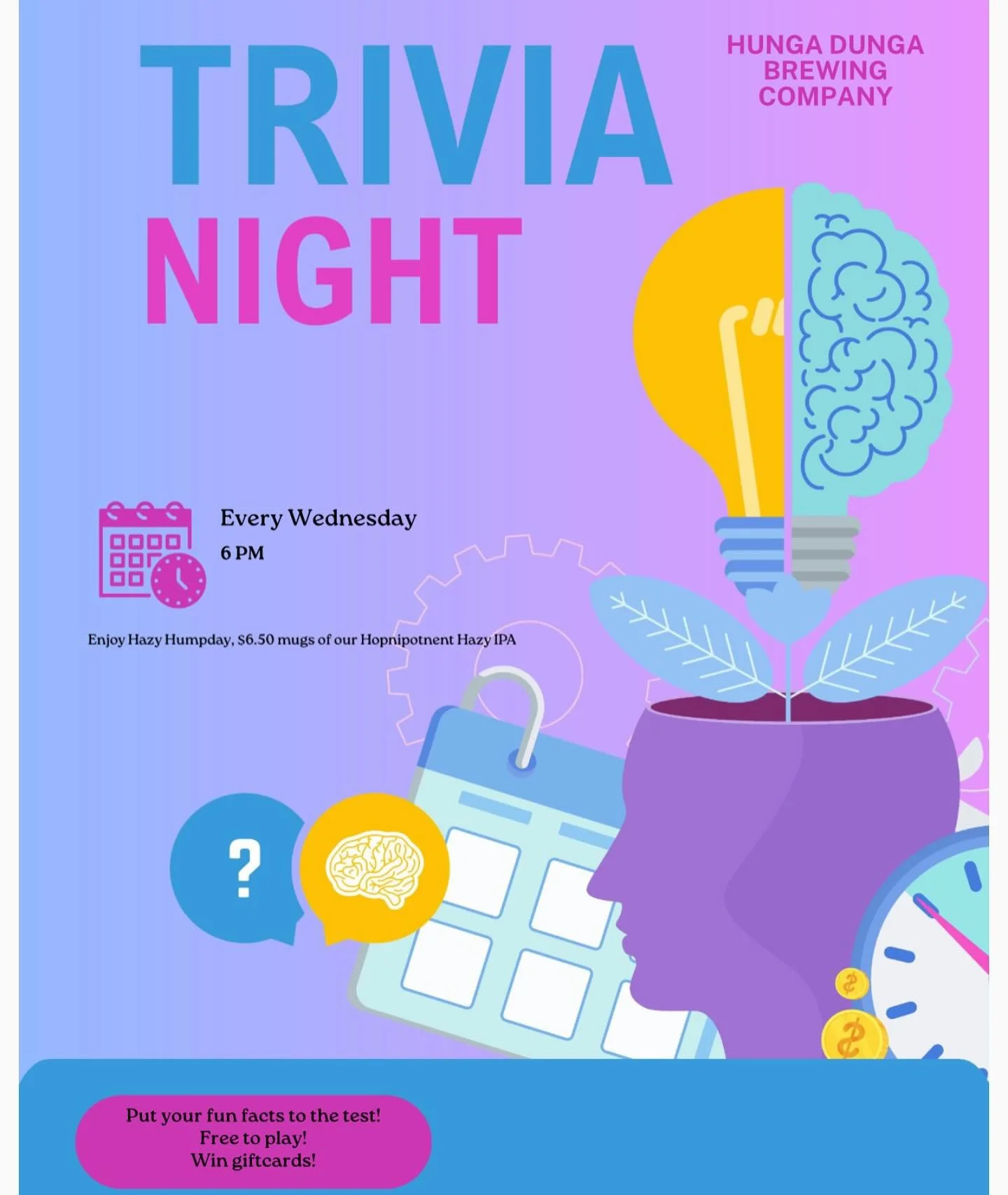 🚨TRIVIA IS NOW EVERY WEDNESDAY OF THE MONTH!!🚨
All ages welcome and free to play with groups up to 6 on a team! Time to stretch your brain muscles!! 🧠💪🏼