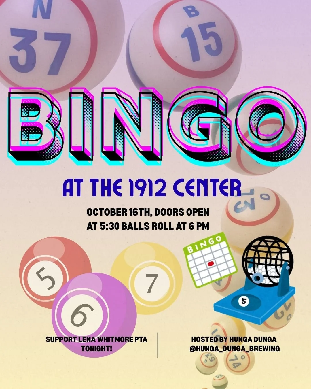 Next Thursday is Bingo Night at the 1912 Center! This month's nonprofit is the Lena Whitmore PTA. Doors open at 5:30pm, balls roll at 6pm.