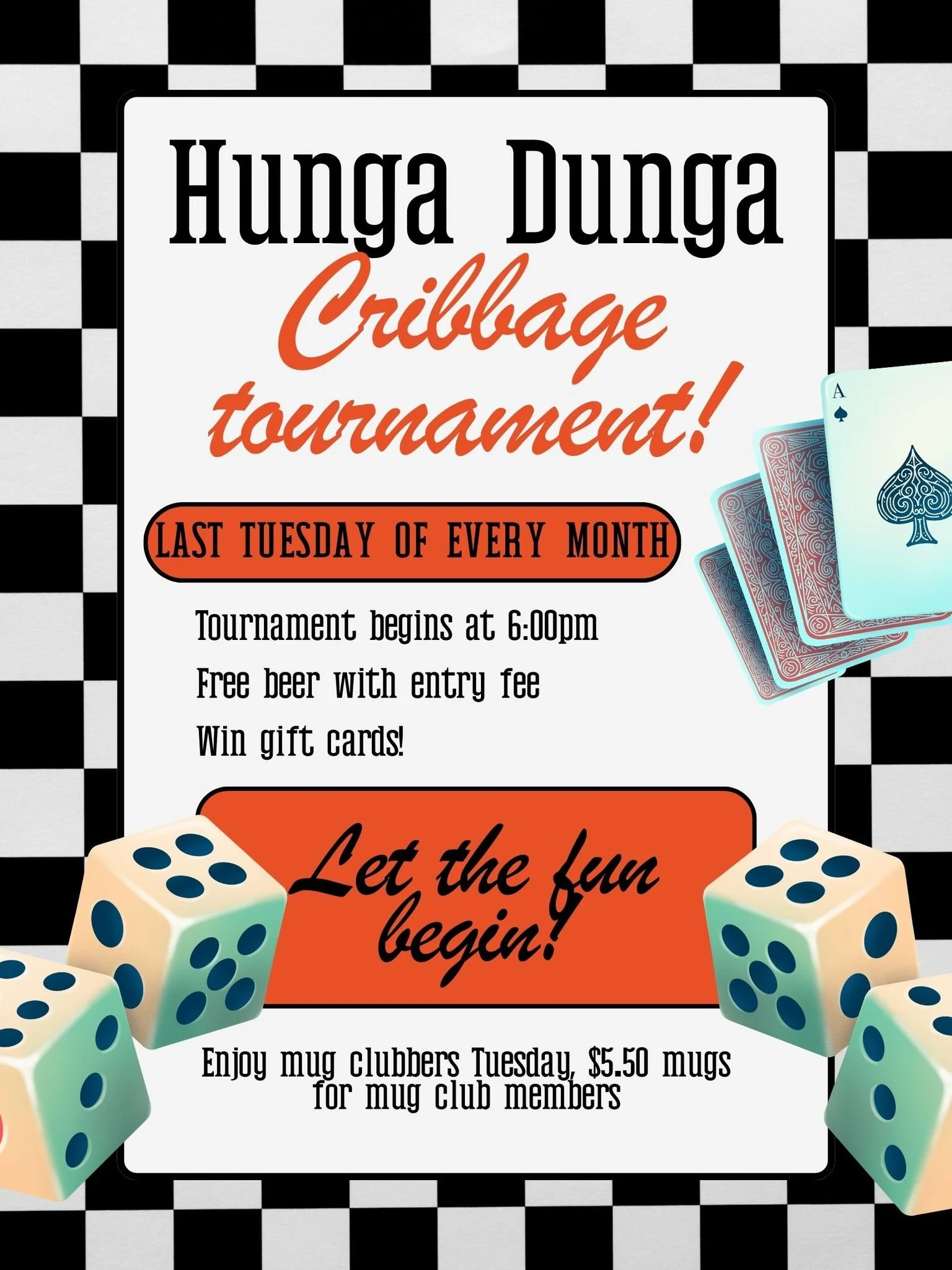 Reminder!! Every last Tuesday of the month is the Cribbage Tournament! $10 buy in comes with your first drink and name in the line up! Battle it out for your spot on the Cribbage wall of fame, and even if you don't win there will be raffles and prize