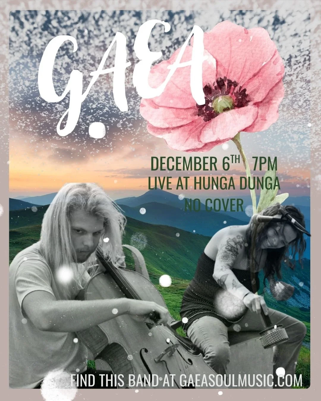For the first weekend in December Gaea is back!
Learn the story of this entrancing husband and wife duo as they take you on a journey with their hauntingly beautiful cello work and story telling through song.
All ages welcome, no cover fee, music sta