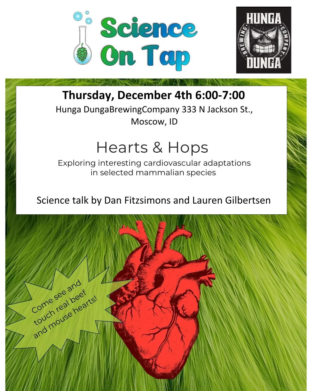 December's Science on Tap topic is in and boy does this seem really fun!
Tonight's topic is cardivascular adaptations in specific mammals and this one will be interactive! Join us with a beer and don't forget your learning caps, winter break hasn't s