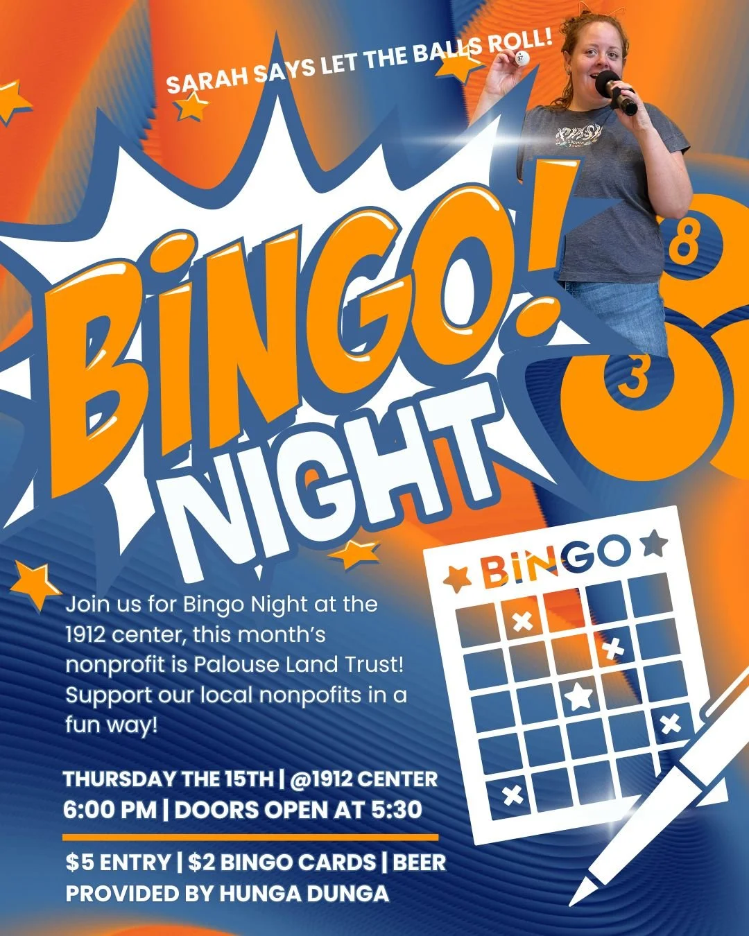 Bingo, bingo, bingo!!!
January's bingo non profit is the Palouse Land Trust!
Join us at the 1912 center next Thursday (January 15th) for some good ol' bingo playing and amazing beer! Beer is provided by Hunga Dunga, laughs and joy are provided by you