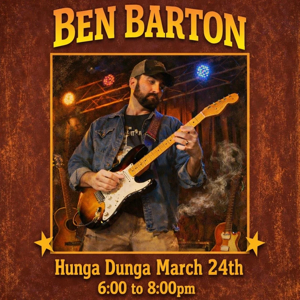 Wrapping up the end of the month at Hunga we have a huge music lineup for everyone!
Starting off with Tuesday the 24th solo artist Ben Barton will be performing followed by Trivia night on Wednesday at 6pm. Thursday night Angel Urrea is back for anot