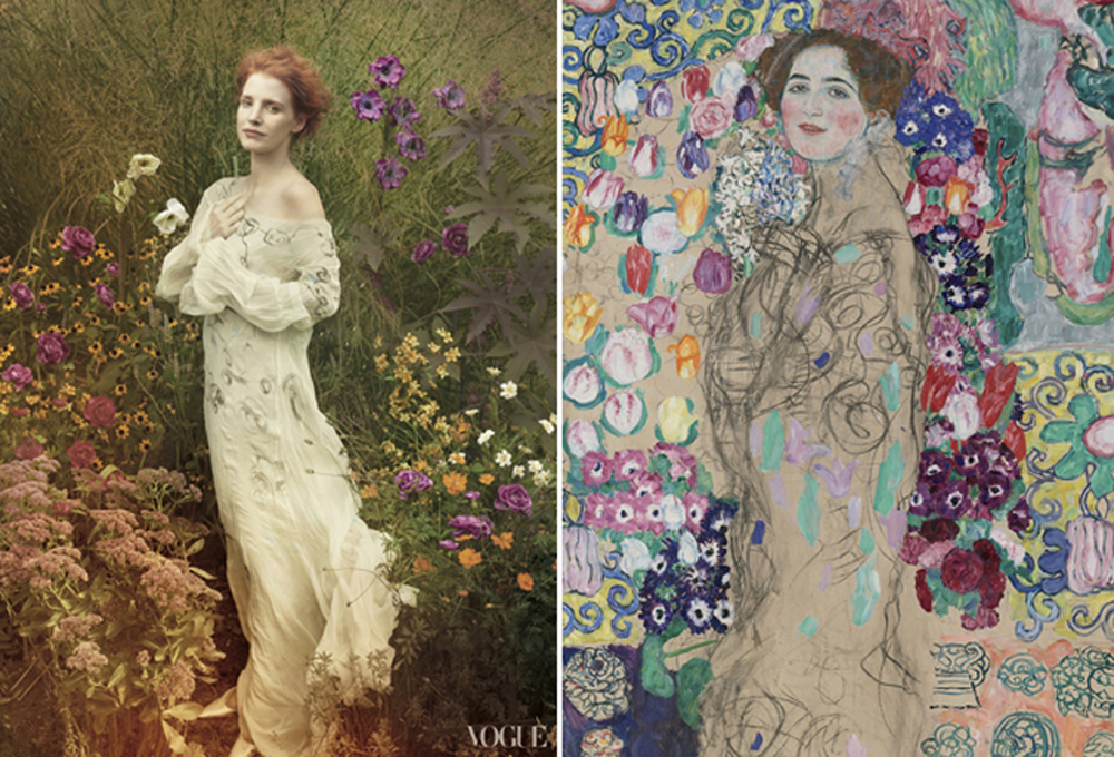 Jessica Chastain photographed by Annie Leibowitz recreating the Portrait of Ria Munk by Gustav Klimt for Vogue US, November 2013. 