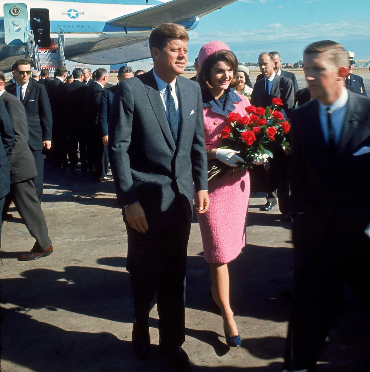The pink and navy suit, worn on the day of JFK's assassination. Image: Getty. 