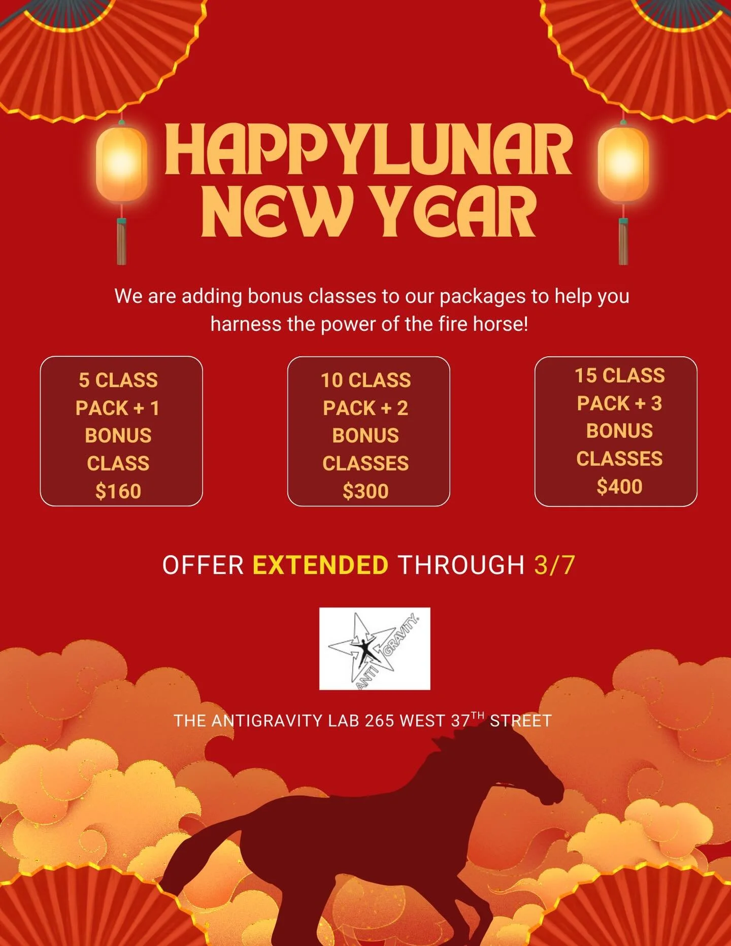 We are extending our Lunar New Year sale!!! 

Every package purchased before 3/7 gains a bonus. The bigger the package, the bigger the bonus! 

5 pack = 6 classes 💸 ($50 saving)
10 pack = 12 classes 💸💸 ($120 saving)
15 pack = 18 classes 💸💸💸 ($2