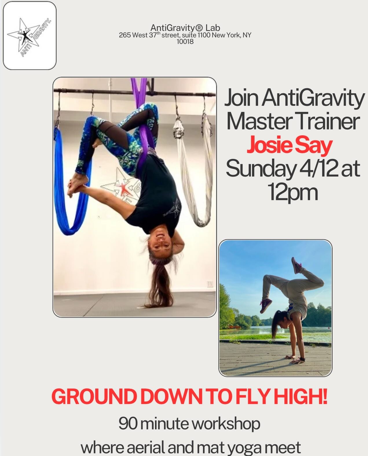 In this special workshop guided by AntiGravity Fitness Master Instructor and Yoga Teacher Trainer, Josie Say, you&rsquo;ll learn how Mat and Aerial Yoga complement and challenge each other. Through common poses and sequences found on the ground and i