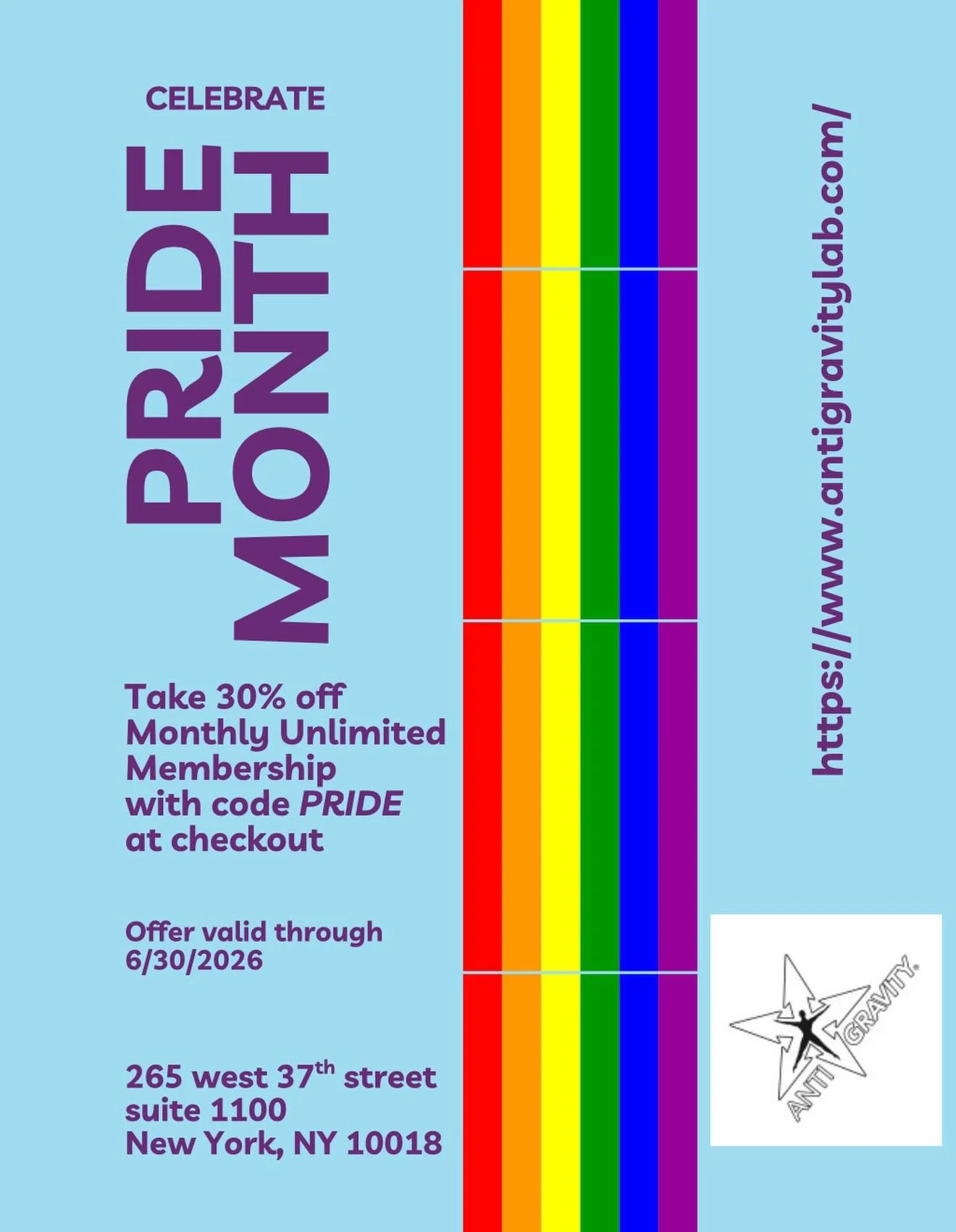 Celebrate Pride month at the Antigravity&reg;️ Lab! 🏳️&zwj;🌈 

Take 30% off a Monthly Unlimited Membership with code PRIDE at checkout! 💸

***NOTE: This promocode is only available through our website ( https://www.antigravitylab.com/ ) NOT the Mi