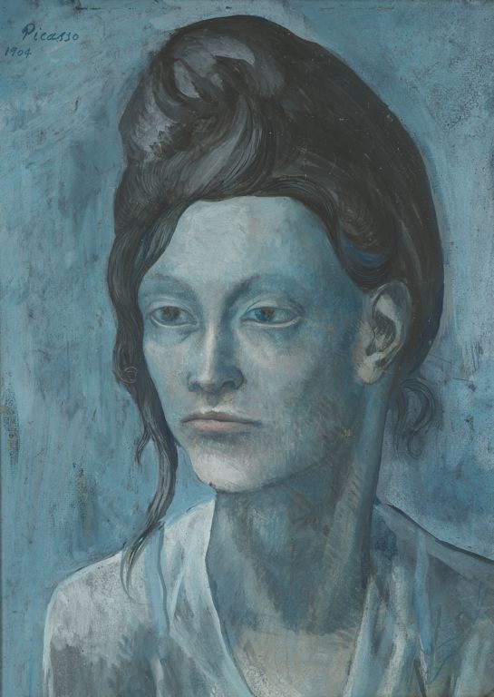 Woman with a Helmet of Hair (42.7 x 31.3 cm) by Pablo Picasso, gouache on tan wood pulp board, 1904