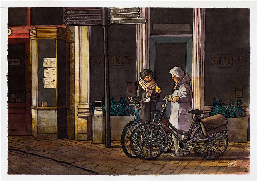 Old Ladies Chatting, Gouda (11" x 16") by Hano Dercksen, mixed media artwork