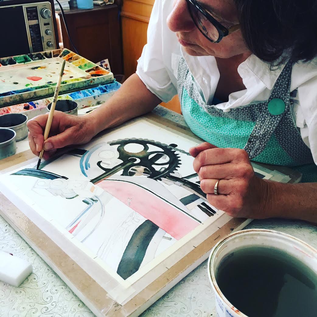 Nancy working on watercolor painting, Get Up and Go