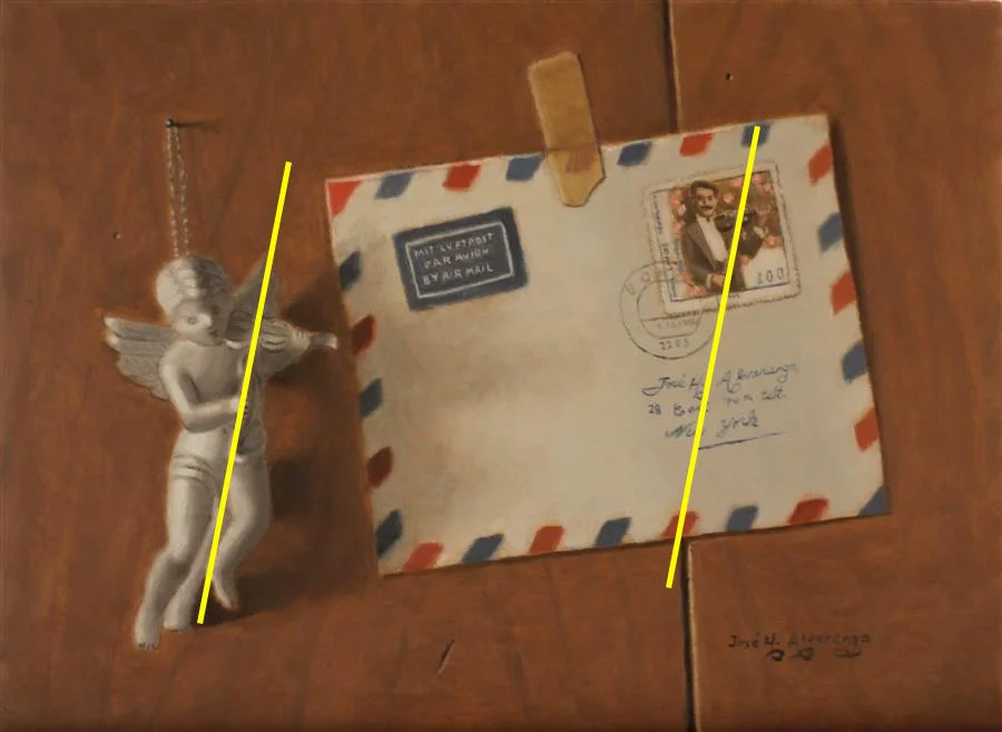 An annotated version of the oil painting Violin Concerto by Jose H. Alvarenga which demonstrates the parallel lines formed between the two violin bows.