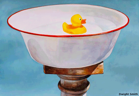 Got The Blues (7" x 10") and Bird Bath (22.5" x 30") and Migrantis Interrutio (8" x 8"), by Dwight Smith, watercolors 