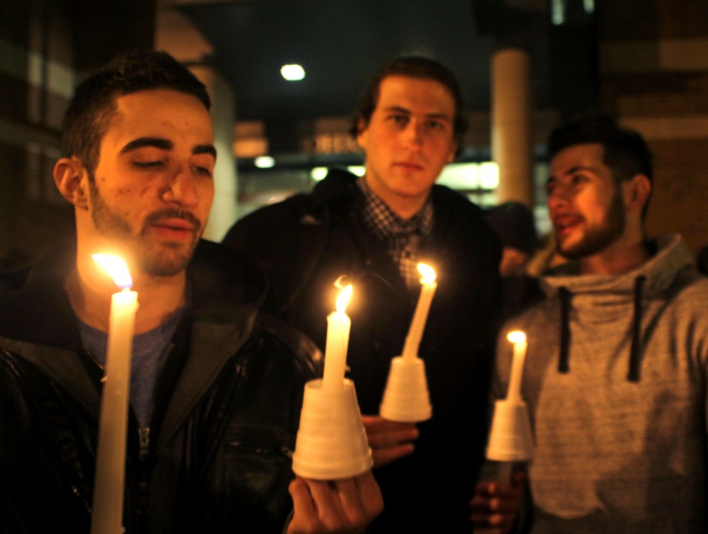   Multiple students gather outside the Ohio Union in Columbus, Ohio for &nbsp; a candlelight vigil held for the three Muslim Americans, Deah Barakat, Yusor Abu-Salha and Razan Abu-Salha,&nbsp;murdered in Chapel Hill, North Carolina. February, 2015.  