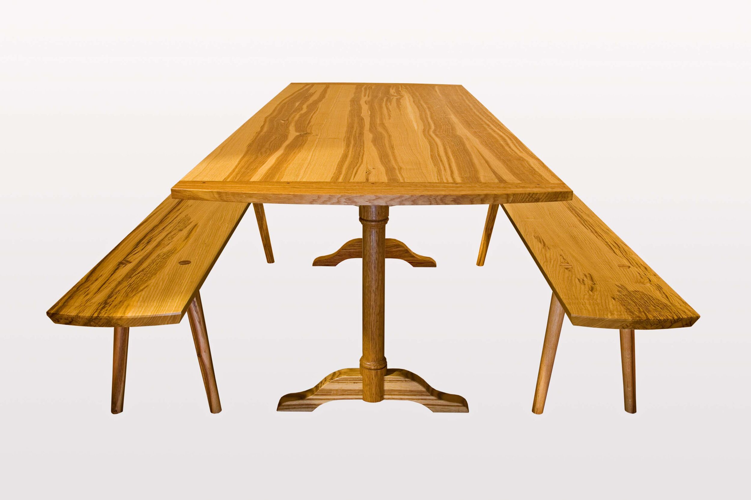  “Shaker trestle table with harvest bench”  Brown oak.   