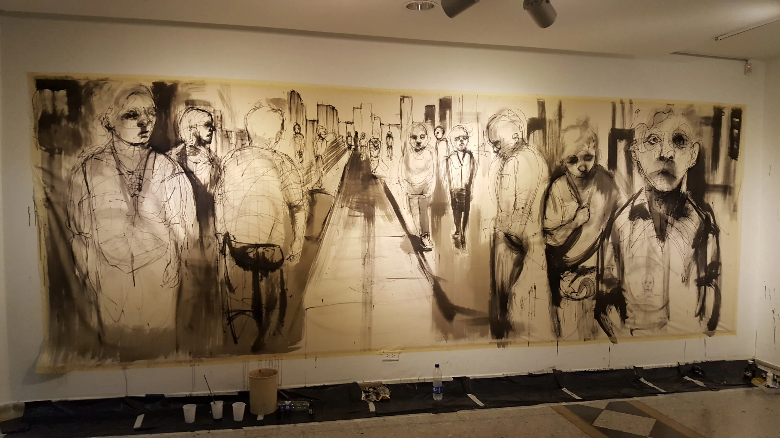"Transitions" 7' x 12' acrylic on raw canvas, painted live at 2016 solo show in Colombia