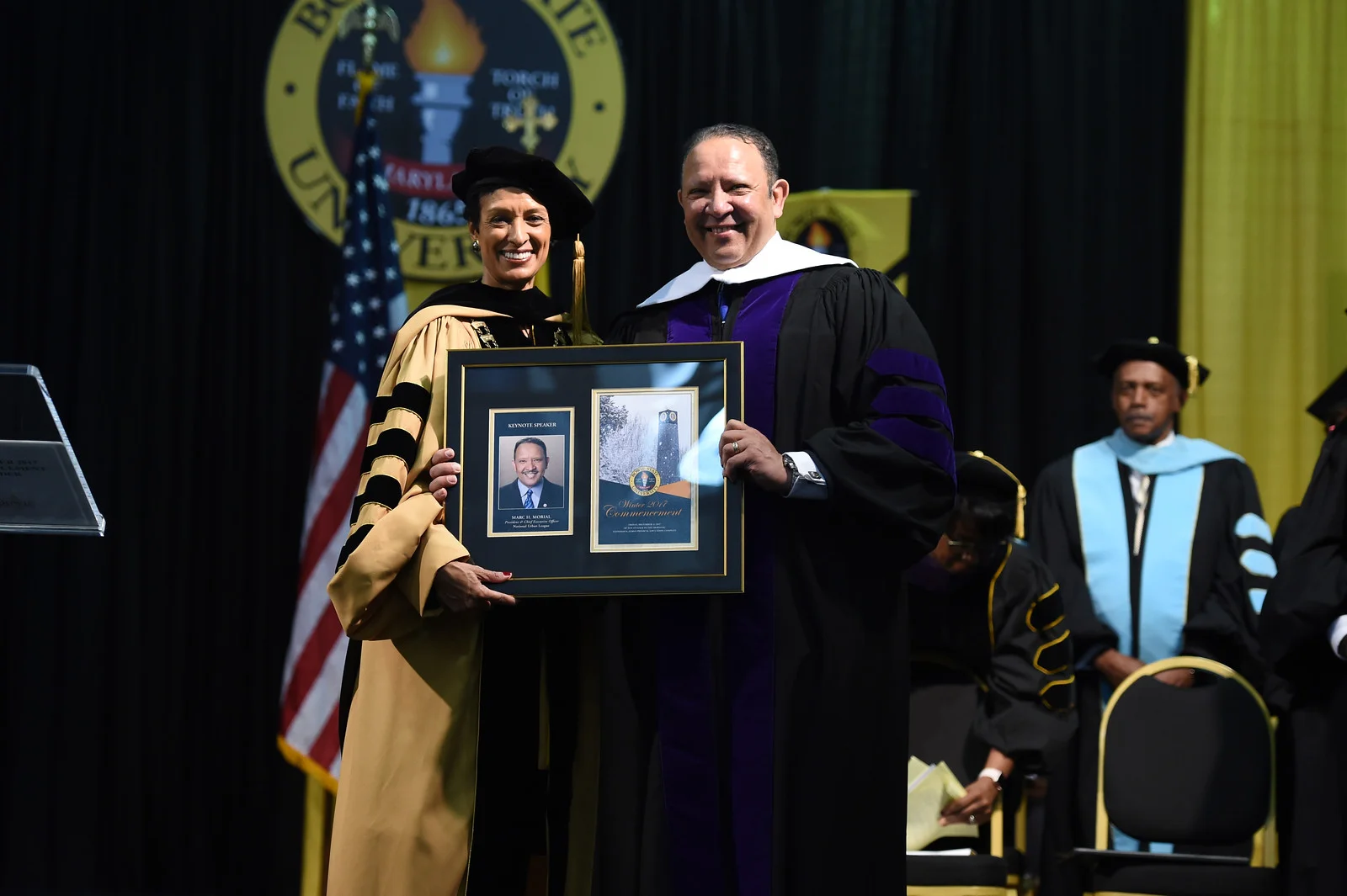 BSU President Dr. Aminta Breaux presents a gift to NUL President Morial. PHOTO: COURTESY BSU